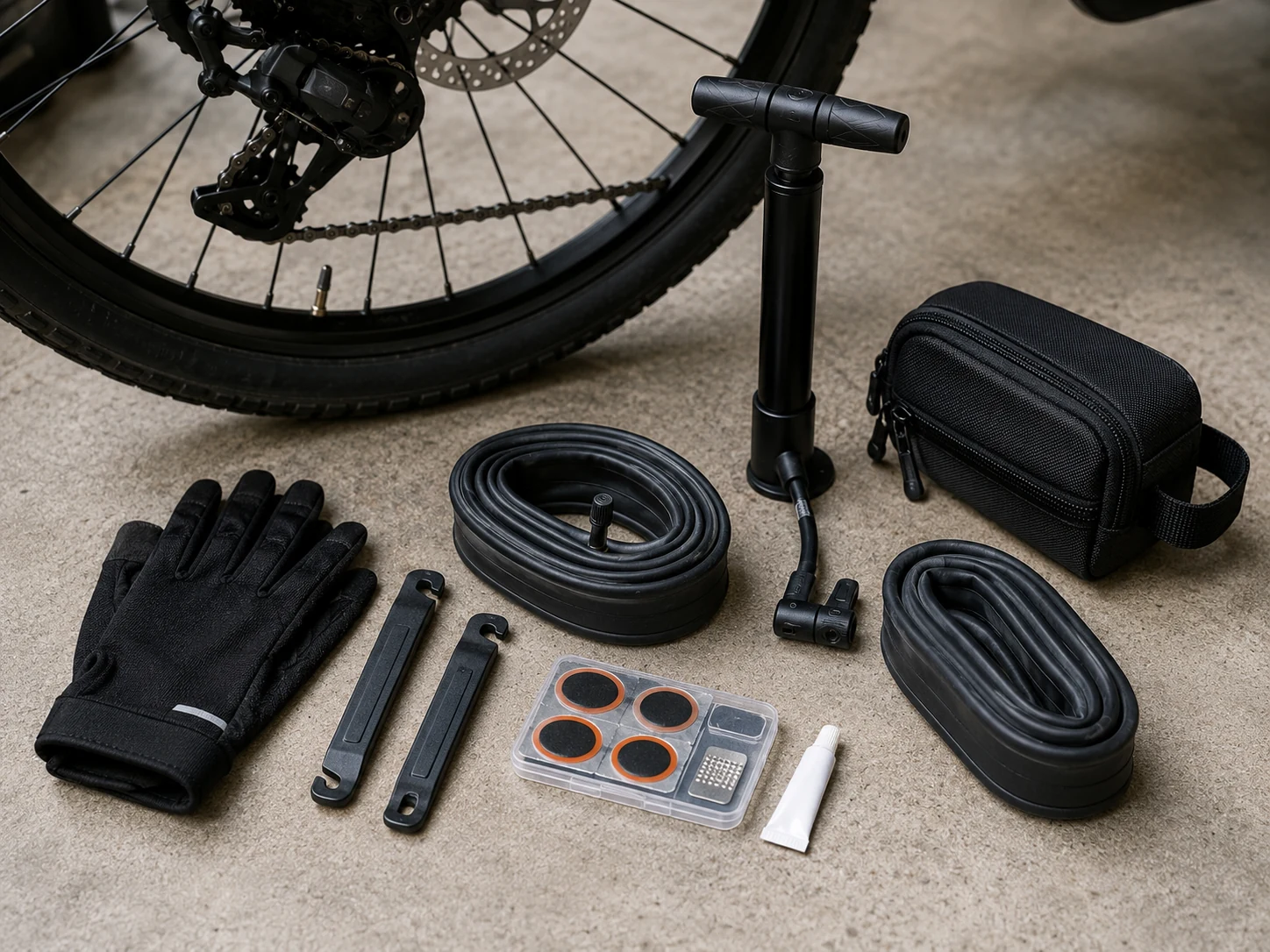 Compact flat tire repair kit and small pump arranged beside an e-bike wheel