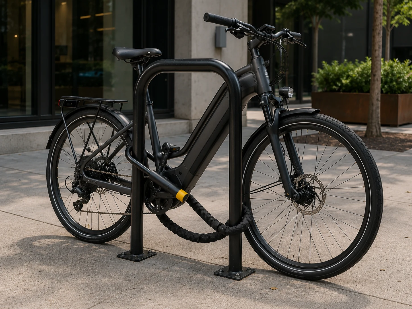E-bike locked to a city rack with a frame-first locking setup