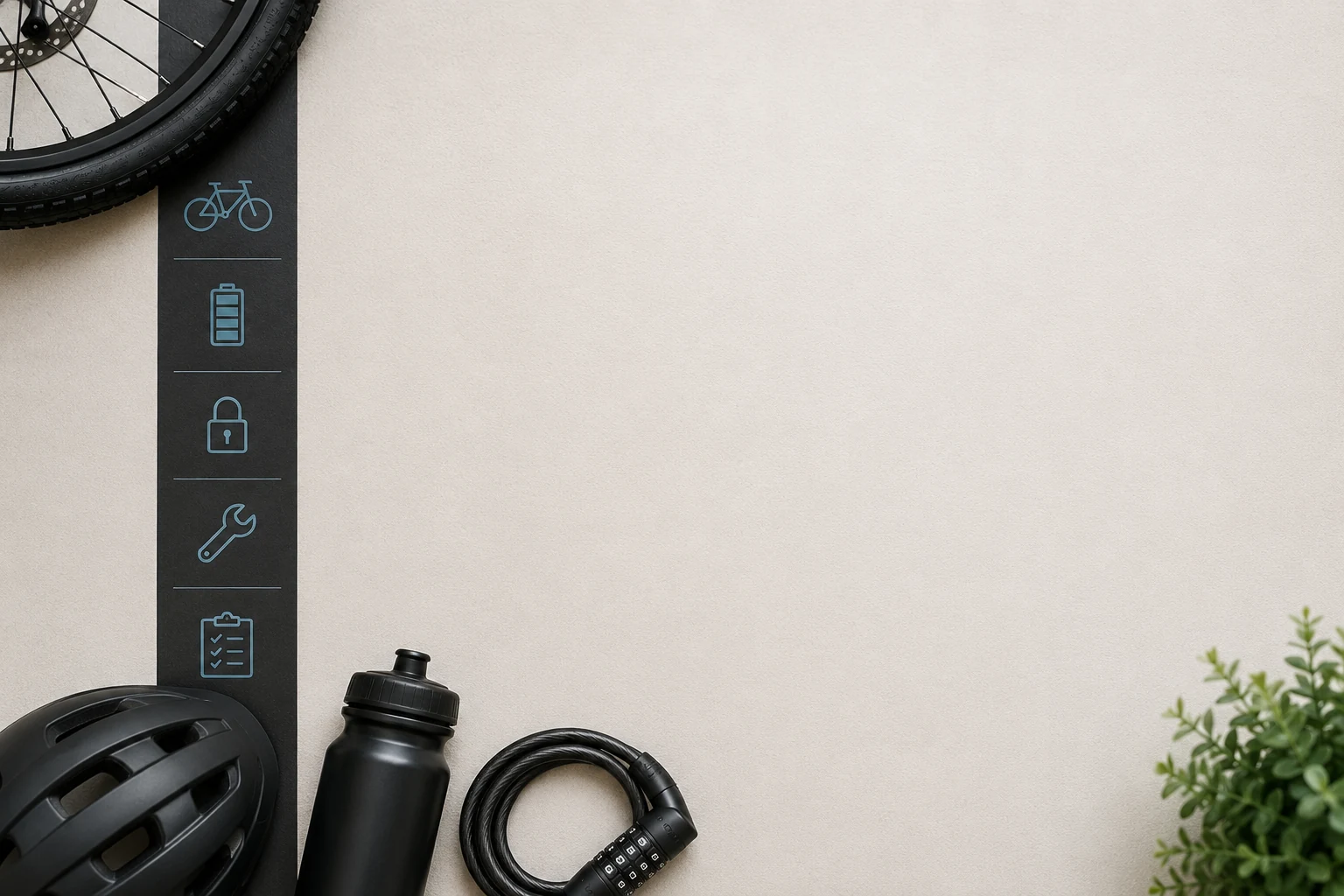 Clean e-bike checklist background with helmet, lock, bottle, wheel, and open space for first-week readiness tips