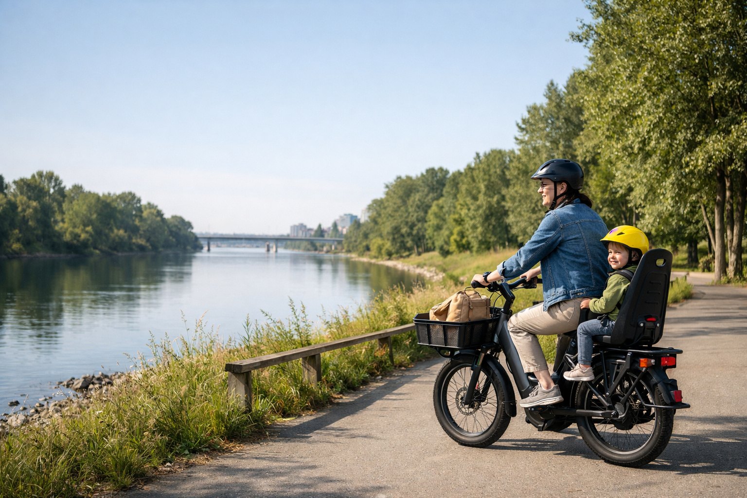 Parent riding an e-bike on a paved path, showing how bike choice depends on route, rider, and rules.